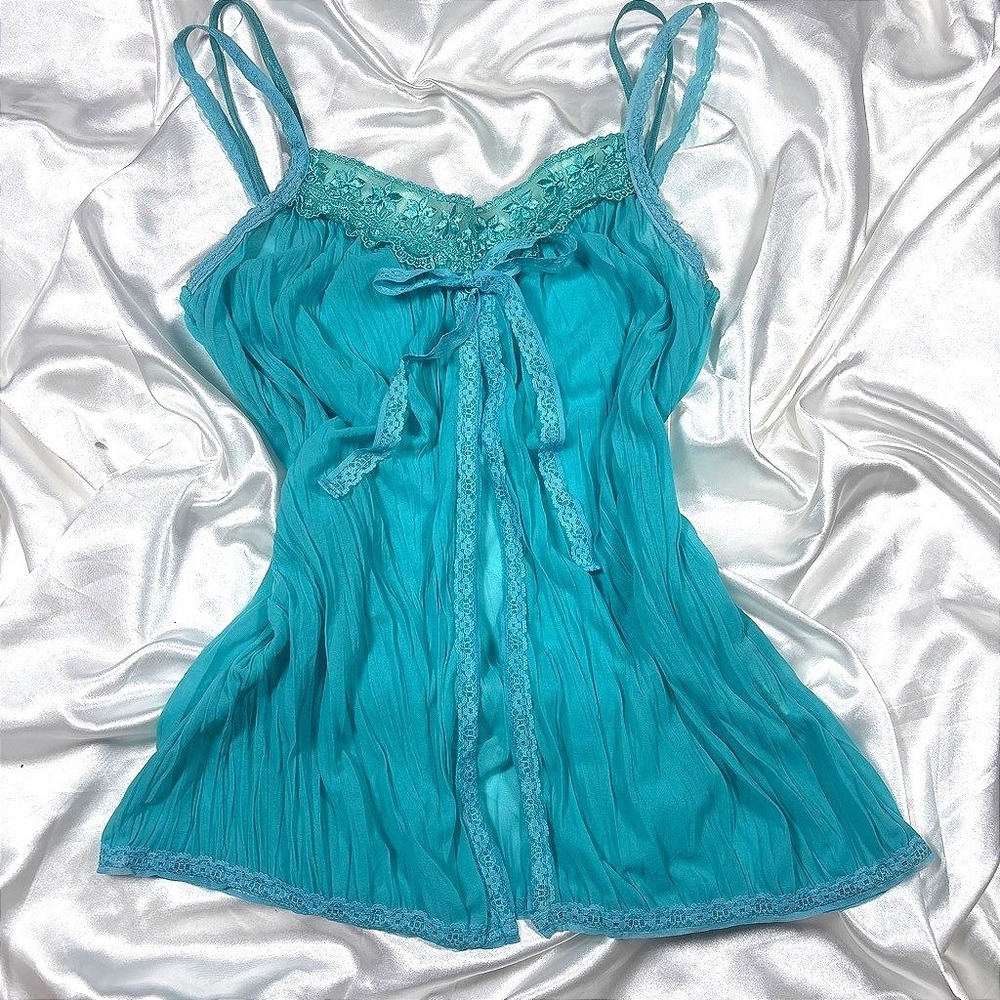 y2k ethereal Babydoll Top Teal Lace Pleated Mesh Coquette Camisole